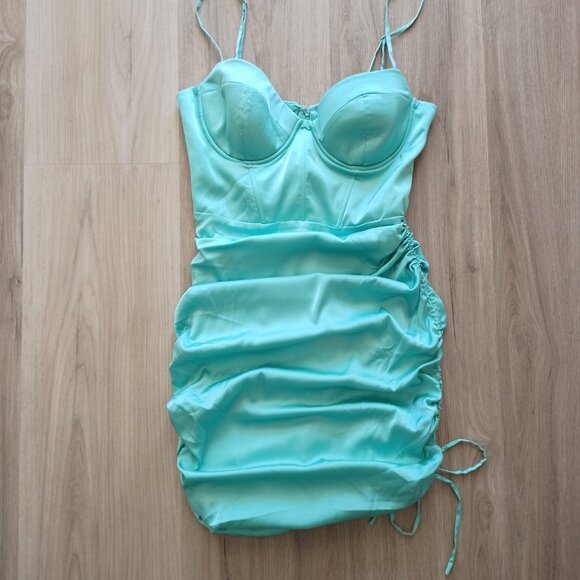 Oh Polly turquoise satin formal sexy bodycon dress size 6 or S/M - Picture 3 of 8